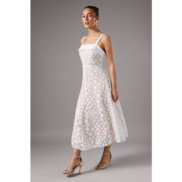 Mesh Floral Sequin Belted Midi Races Dress - White - 8