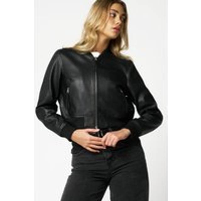 Womens Cropped Leather Bomber Jacket - Black - 14