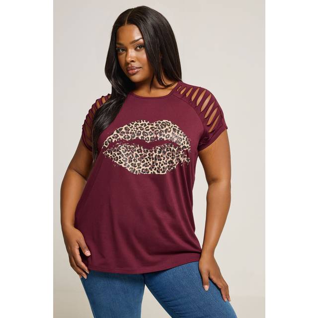 Yours Curve Red Leopard Print Lips Laser Cut Tshirt, Women's Curve & Plus Size, Yours - 22-24