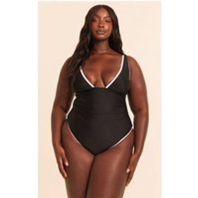Plus Black Contrast Binding Plunge Ruched Swimsuit, Black - 26