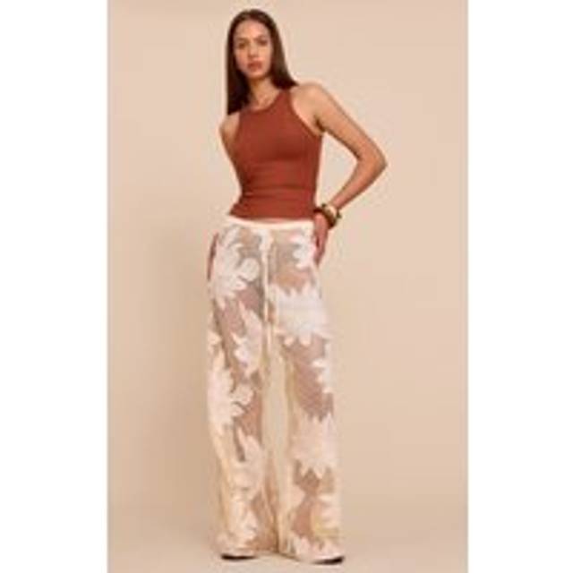 Beige Textured Flower Detail Wide Leg Trousers, Camel - 4