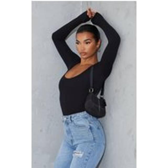 Black Cotton Scoop Neck Long Sleeve Bodysuit, Black - 10