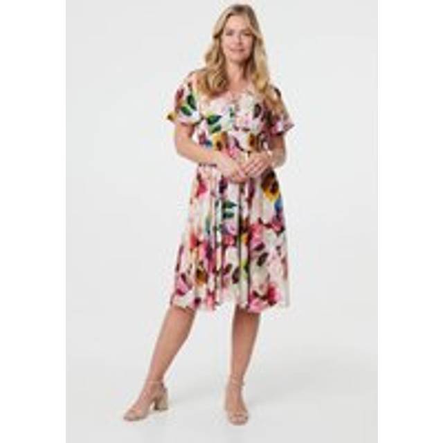 Izabel London Floral Short Puff Sleeve Midi Dress - Pink - 14