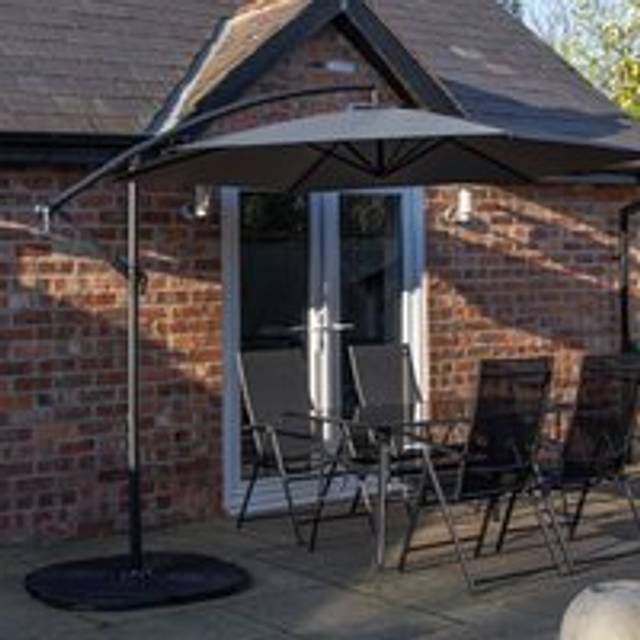 4 Person Rectangular Glass Top Table Chairs With Grey Banana Parasol and Base