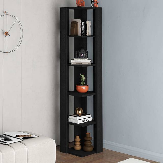 Decortie Corner Bookshelf Unit 34X161Cm Wall-mounted Bookcase, Particleboard, Black Wood, Black