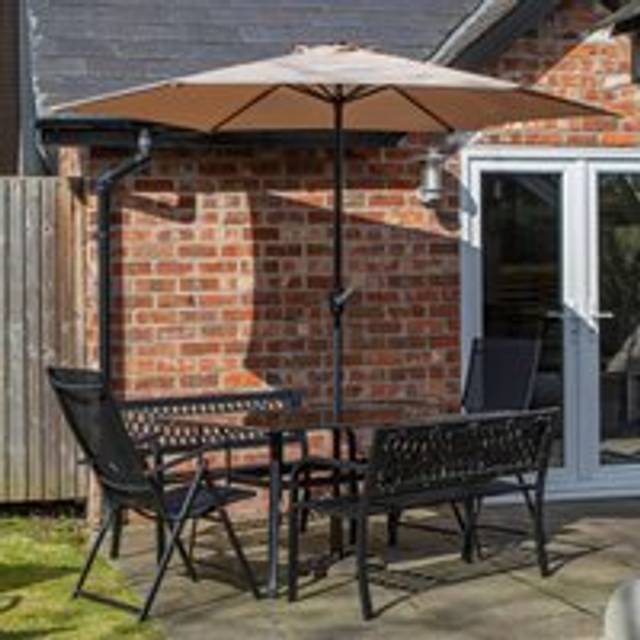 6 Person Rectangular Glass Top Table Benches & Chairs With Beige Havana Parasol and Base