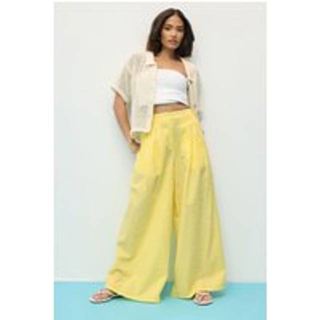 Pixiegirl Petite Yellow Cotton Gingham Palazzo Trousers 14 Pixiegirl | Petite Women's Wide Leg Trousers