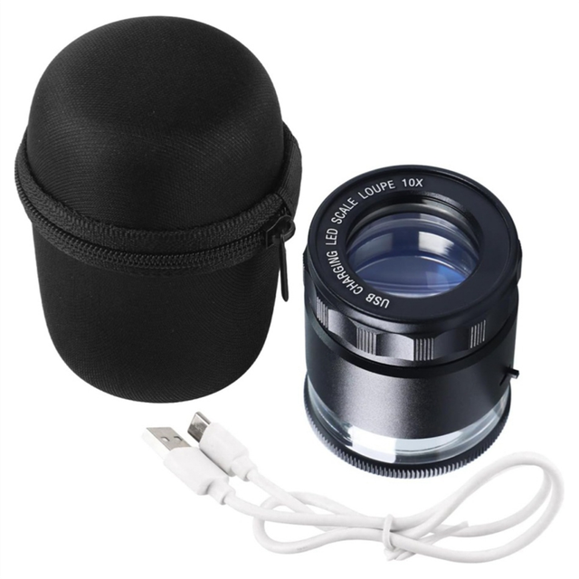10X Illuminated Jewelers Magnifier Measuring Scale, USB Rechargeable 6 LED Lights, 25-27mm, Suitable for Jewelry Coins