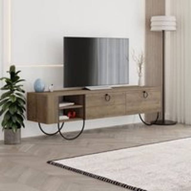 2 Door Dark Oak TV Unit Pull Down Doors Open Shelf