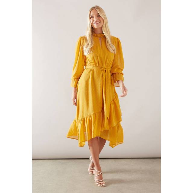 Womens Petite Glitter Dobby High Neck Ruffle Midi Dress - Yellow - 14