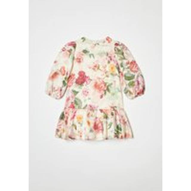 Children's Floral Jacquard Puff Sleeve Dress - Cream - 9-10 Years
