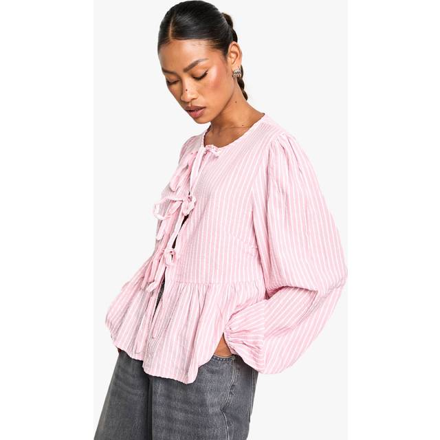 Womens Pink Stripe Tie Front Puff Long Sleeve Smock Top - 8