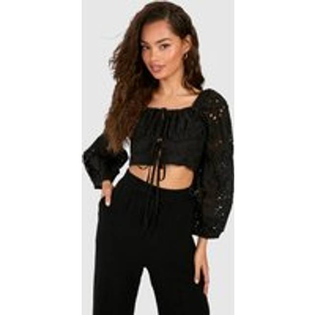 Womens Embroidery Long Sleeve Crop Top - Black - 6, Black