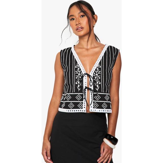 Womens Cotton Embroidered Waistcoat - Black - 16, Black