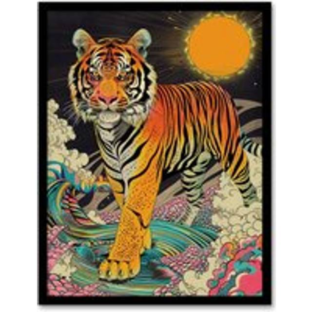 Wall Art Print Psychedelic Tiger Rainbow Sun Bold Magic Design Art Framed Poster - Black - W12 inch x H16 inch