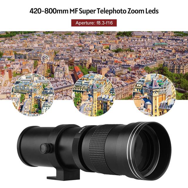 Camera MF Super Telephoto Zoom Lens F/8.3-16 420-800mm T Mount with NEX-mount Adapter Ring black