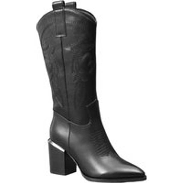 Western Style Cowboy Pointed Toe Block Heel Under Knee High Boots with Zippers - Black - 5