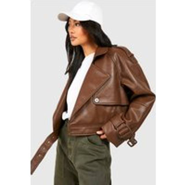 Womens Cropped Faux Leather Biker Trench Coat - Brown - 8, Brown