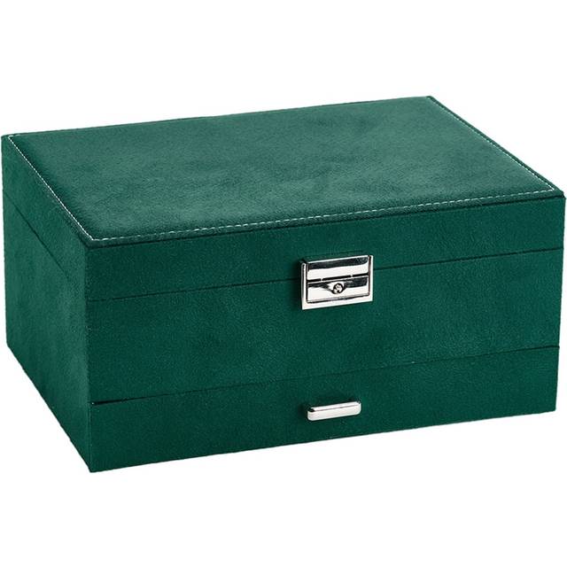 Living and Home 3 Tier Dark Green Velvet Jewellery Case with Lock - 11 x 24 x 17cm