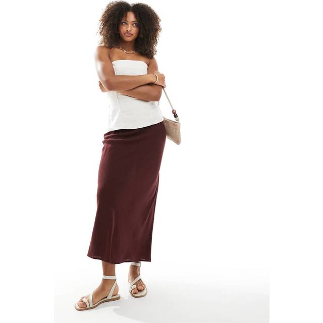 New Look Women's Dark Brown Linen Blend Bias Cut Midi Skirt - UK 10