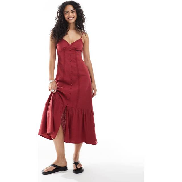 New Look Women's Burgundy Button Detail Tiered Hem Midi Dress - UK 12