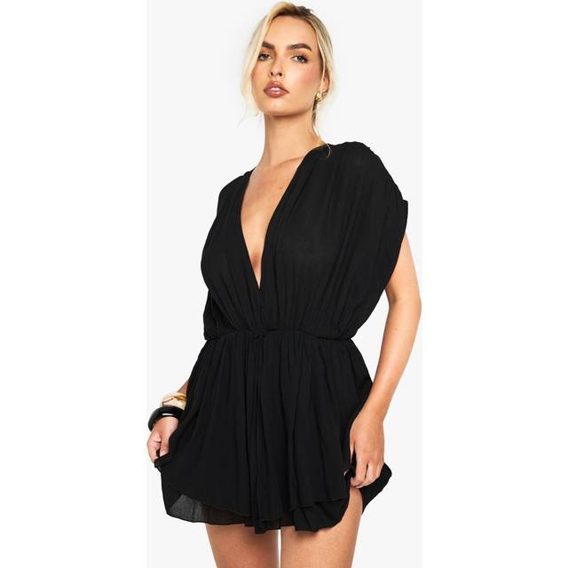Womens Cheesecloth Plunge Layered Playsuit - Black - 10