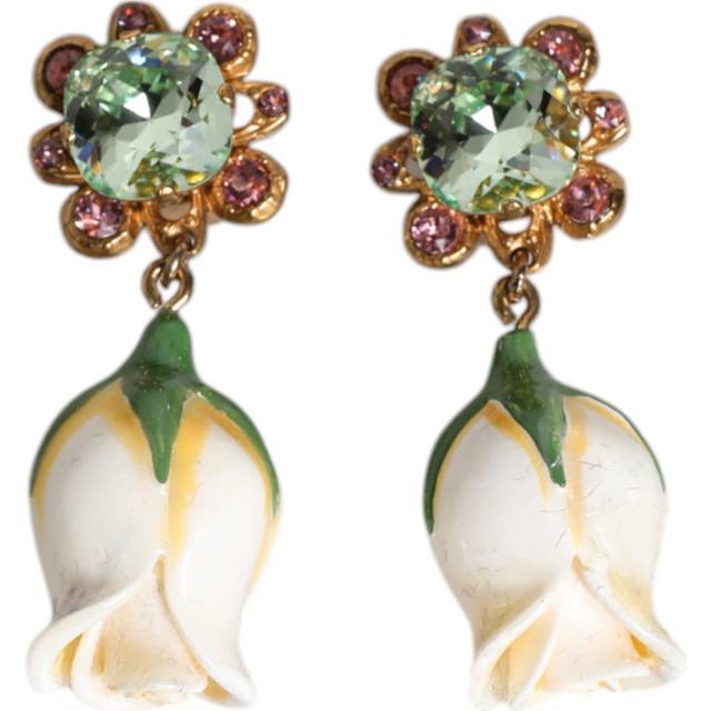 Brass White Flower Bloom Crystal Clip Dangling Earrings