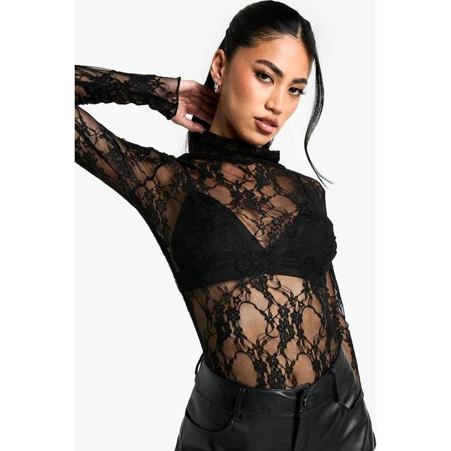 Womens Lace High Neck Long Sleeve Bodysuit - Black - 10