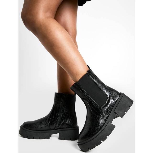 Boohoo Womens Wide Fit Croc Chunky Chelsea Boots - Black - Size UK 3
