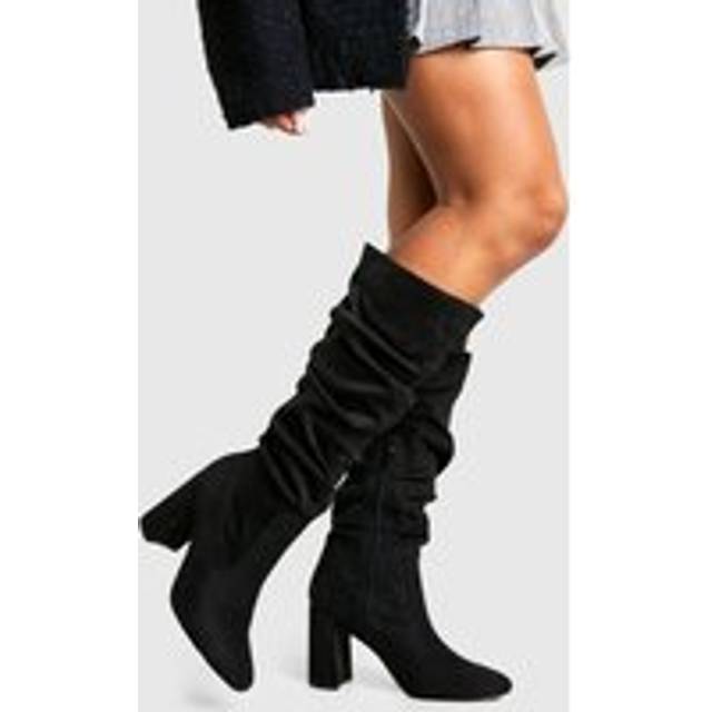 Womens Faux Suede Slouchy Knee High Block Heel Boots - Black - 5, Black
