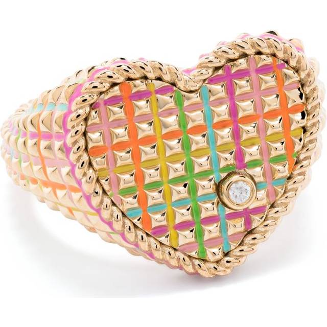 Yvonne Léon - 9kt yellow gold Chevalière Coeur Picotti Email diamond signet ring - women - Diamond/9kt Yellow Gold/Enamel - 48