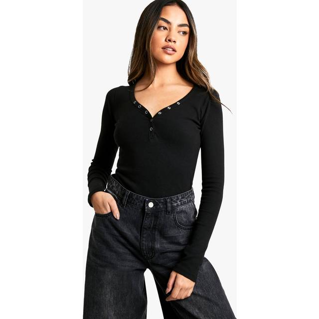 Womens Popper Front Long Sleeve Bodysuit - Black - 6