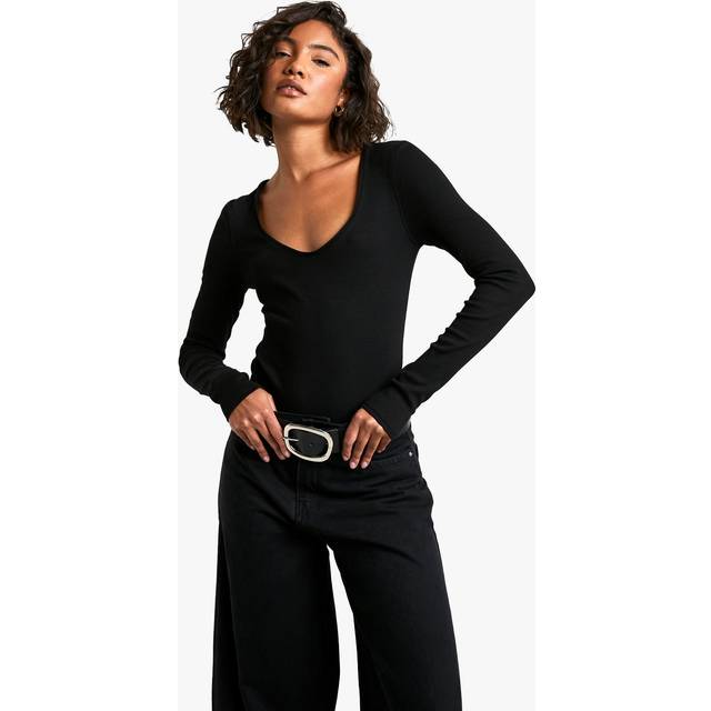 Womens Tall Basic V Neck Long Sleeve Bodysuit - Black - 6