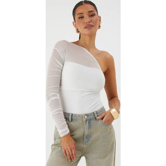 Womens Mesh One Shoulder Bodysuit - White - 8