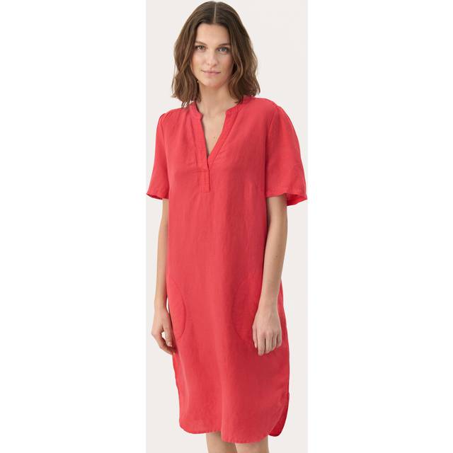 Part Two Aminase Short V-Neck Dress Linen Mix Pink