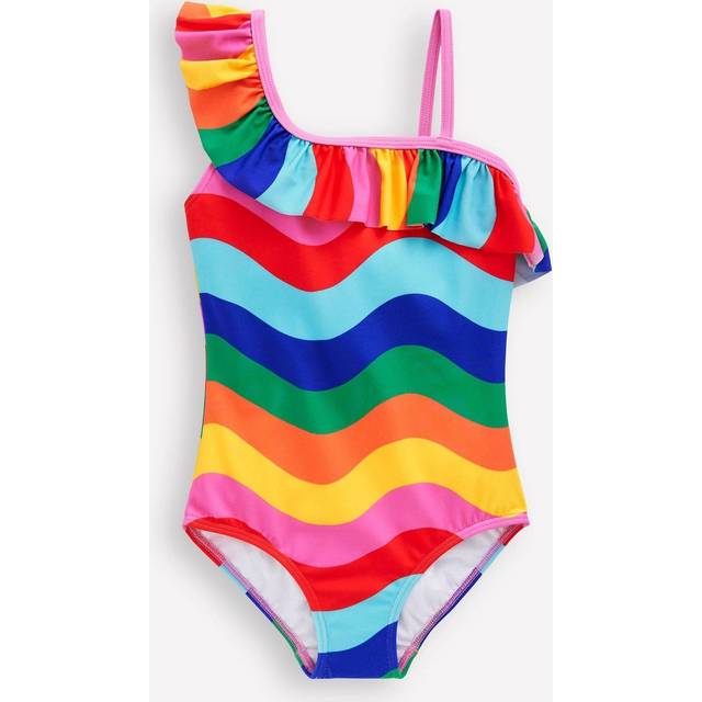 Mini Boden Kids' Lila One Shoulder Frill Swimming Costume, Multi Rainbow Wave