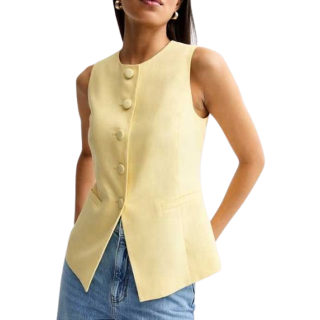 New Look Women's Light Yellow Crew Neck Linen Blend Waistcoat - UK 6