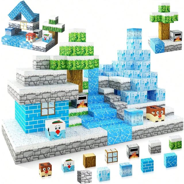 SHEIN Magnetic Building Block Set To Create Fridge Kingdom World, Kids STEM Sensory Cube Construction Montessori Educational Toy, Build Magnetic Mining Worl