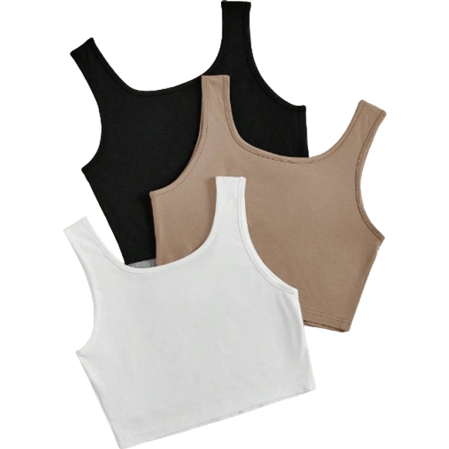 SHEIN 3pcs/Pack Black, White & Grey Crew Neck Ultra-Short Casual Fitted Tank Tops For Women, Summer
