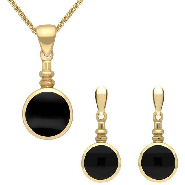9ct Yellow Gold Whitby Jet Round Bottletop Two Piece Set