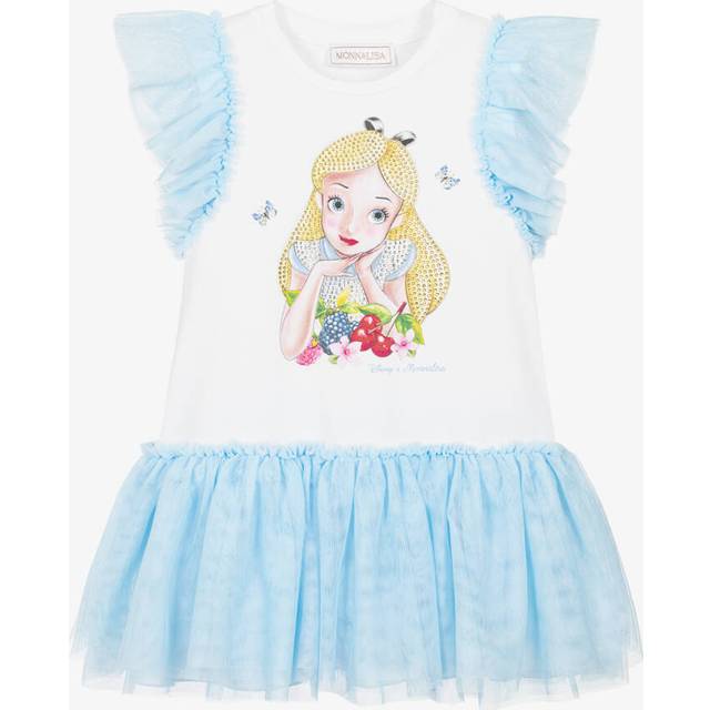 Monnalisa Girls White Cotton Jersey & Blue Tulle Disney Dress - Blue/White - 3 year
