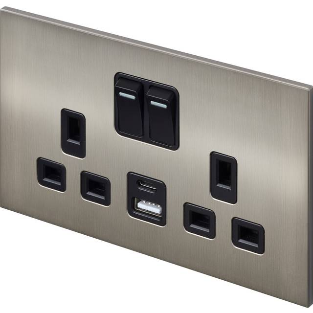 Retrotouch aura 2 gang double socket with usb-a & usb-c - brushed nickel