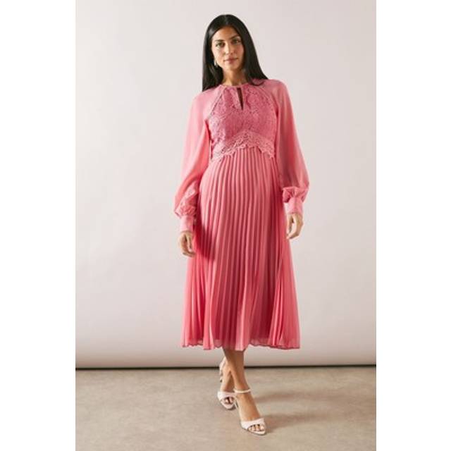 Womens Occasion Lace Insert Pleated Midi Dress - Coral - 8