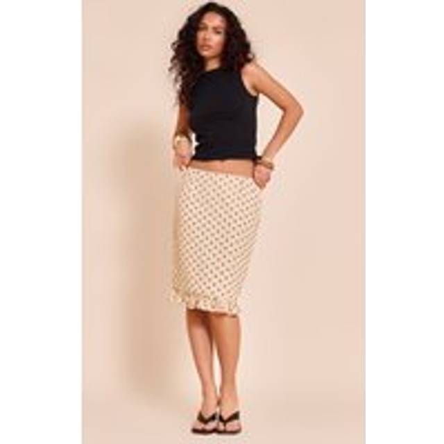 Beige Polka Dot Chiffon Ruffle Hem Midi Skirt, Camel - 8