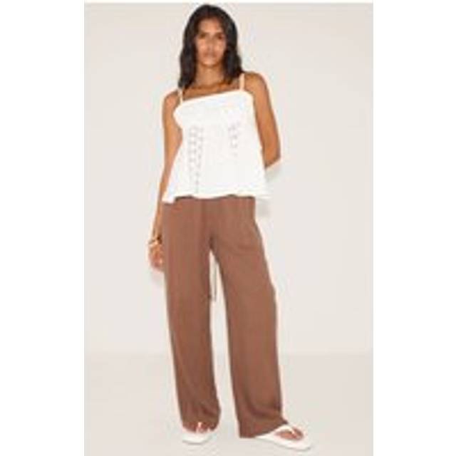 Chocolate Linen Blend Drawstring Tie Straight Leg Trousers, Chocolate - 12