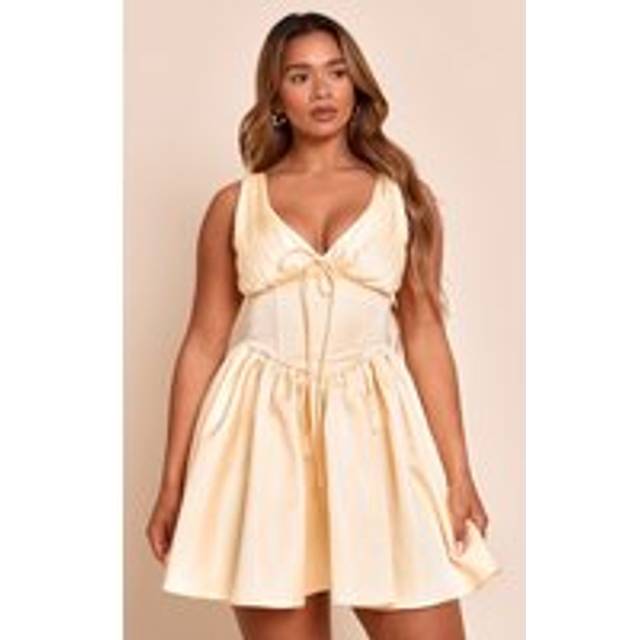 Shape Lemon Satin Plunge Front Cinched Waist Skater Mini Dress, Lemon - 14