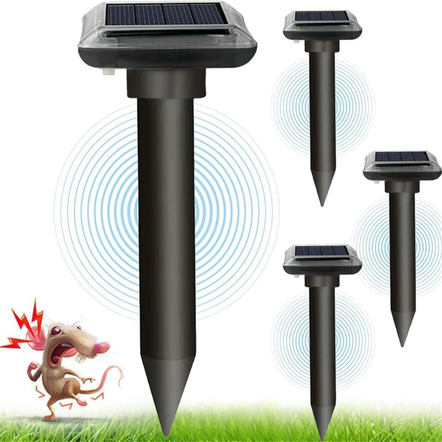 Solar Mole Repellent, Ultrasonic & Powered Mouse Waterproof Chaser for Lawn, Patio Garden 4 PCS