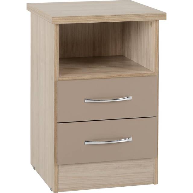 Seconique Nevada 2 Drawer Oyster Gloss and Light Oak Effect Veneer Bedside Table - Brown
