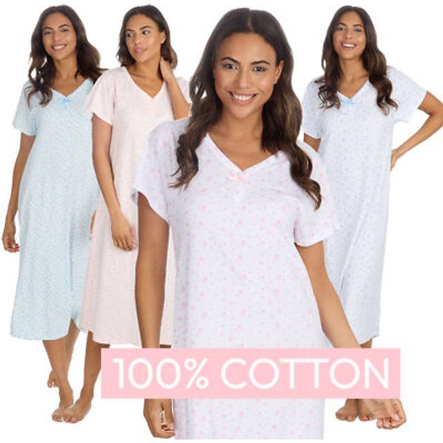 Womens 100% cotton nightie v-neck nightdress short sleeved nightshirt uk 10-24