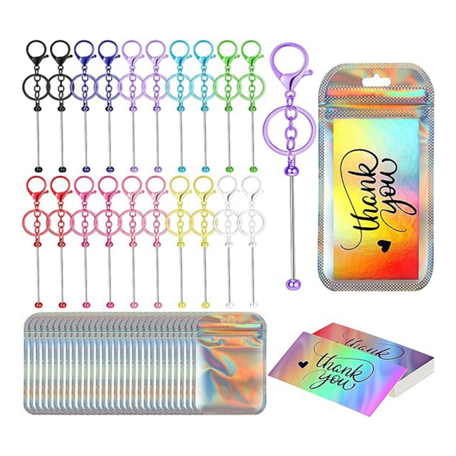 20 Pieces Beaded Key Chains Bulk Hologram Bags Thank You Cards
